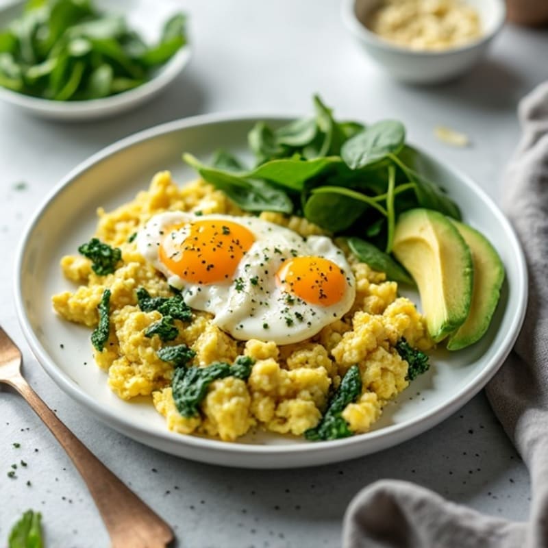 Fluffy Egg and Spinach Scramble with Avocado