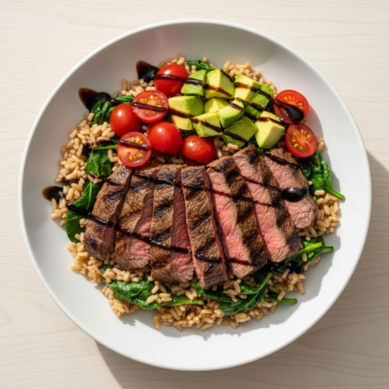 Grilled Steak Rice Bowl with Fresh Spinach and Cherry Tomatoes