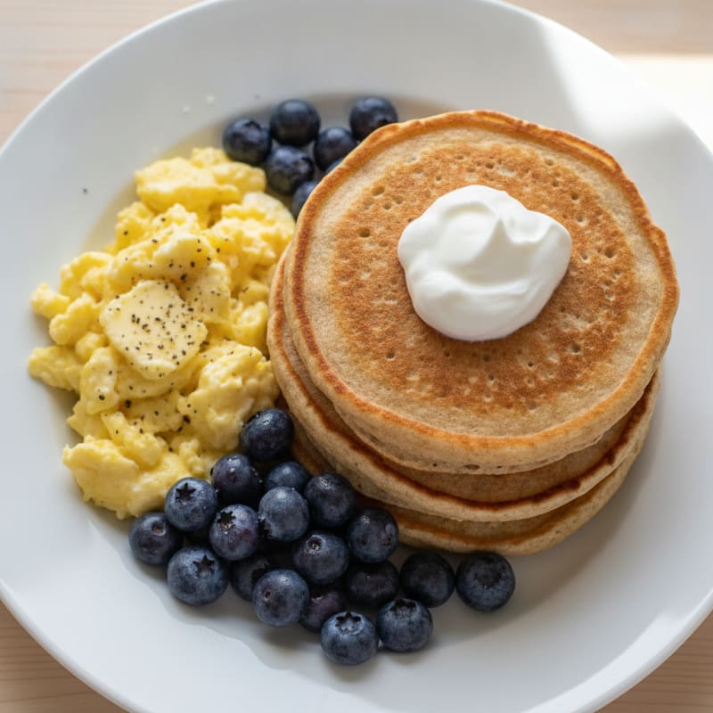 Fluffy Pancakes with Scrambled Eggs and Fruit