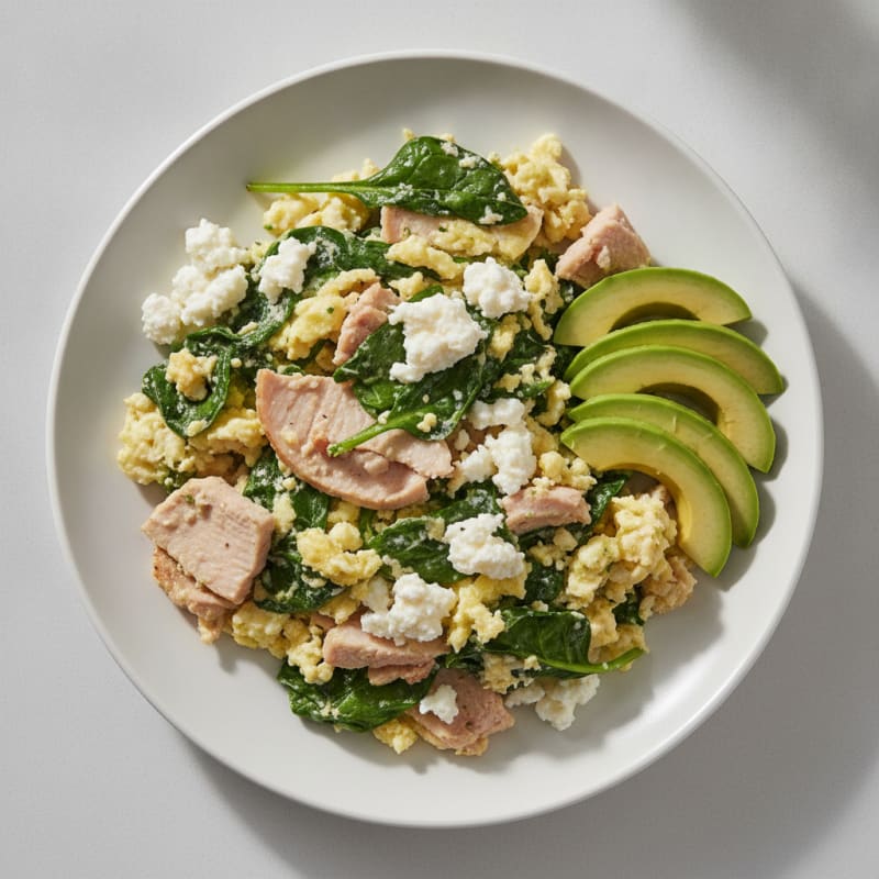 Egg White and Spinach Scramble with Cottage Cheese and Sliced Turkey