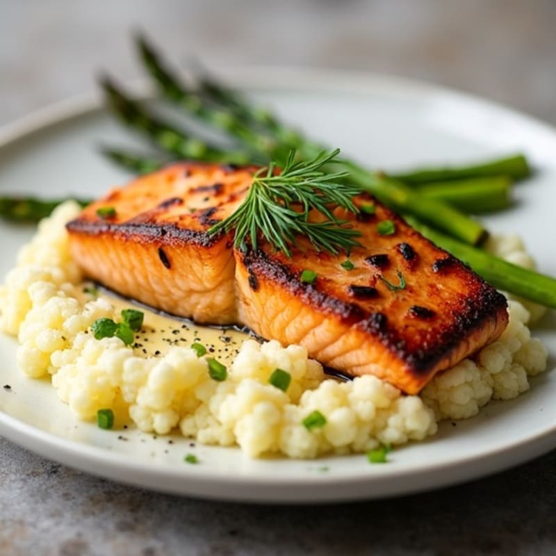 Seared Salmon with Steamed Asparagus and Garlic Mashed Cauliflower