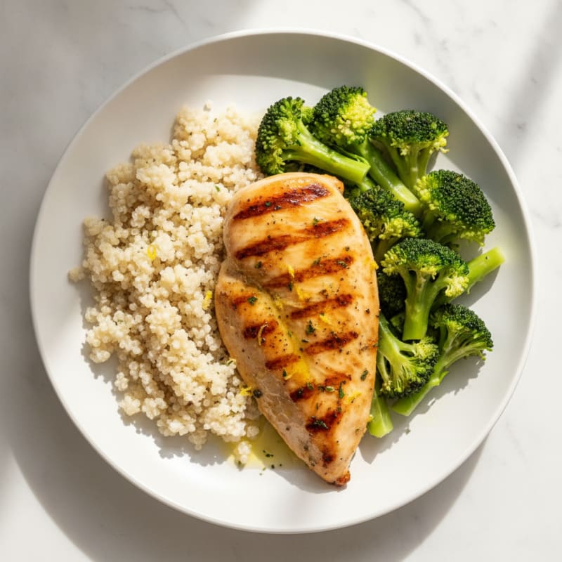 Grilled Chicken Breast with Steamed Broccoli and Quinoa