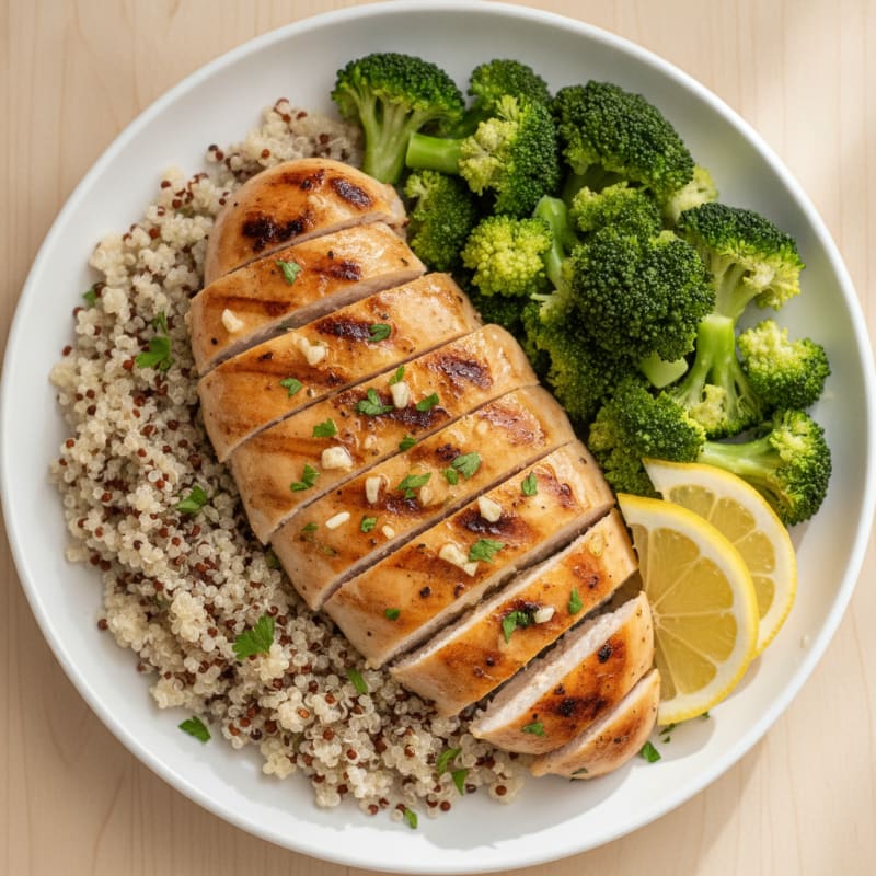 Grilled Lemon Garlic Chicken Breast with Quinoa and Steamed Broccoli