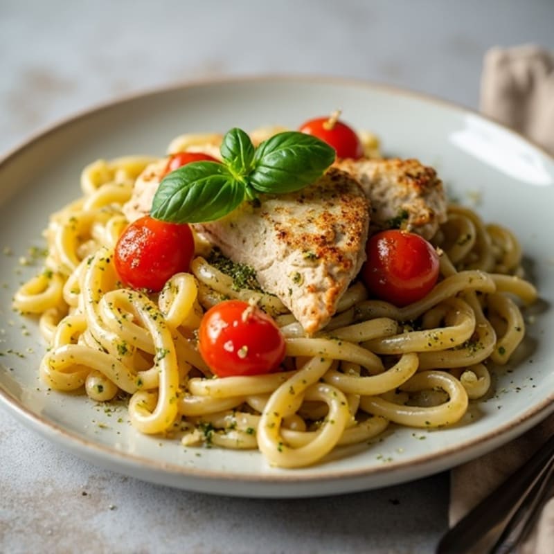 Creamy Chicken Pesto Pasta with Roasted Tomatoes