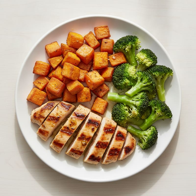 Grilled Chicken Breast with Roasted Sweet Potato and Steamed Broccoli