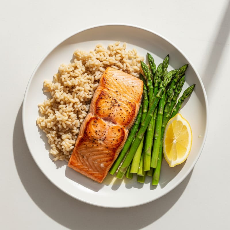 Seared Salmon with Steamed Asparagus and Brown Rice