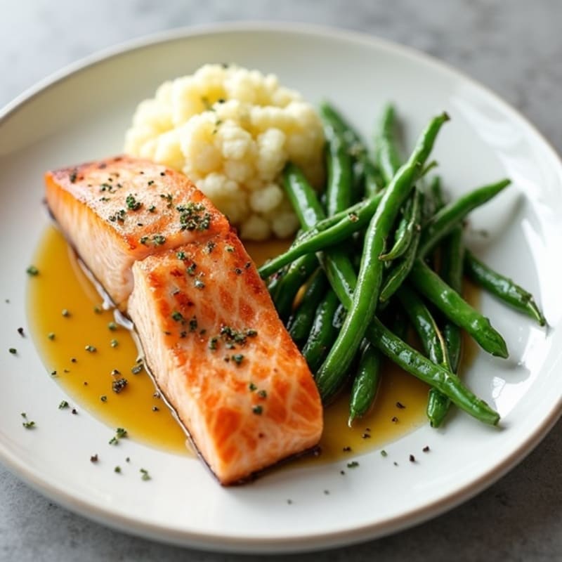 Seared Salmon Fillet with Steamed Green Beans and Cauliflower Mash