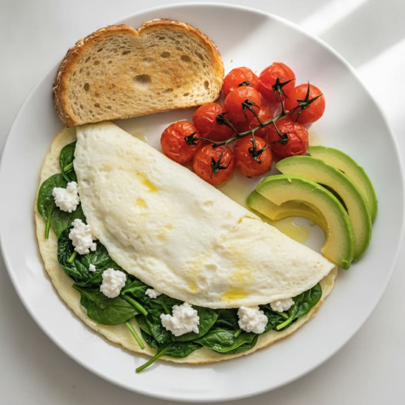 Egg White Spinach Omelet with Cottage Cheese and Cherry Tomatoes