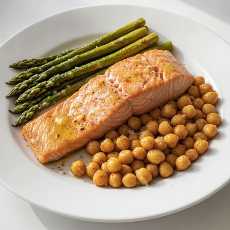 Seared Salmon Fillet with Crispy Chickpeas and Roasted Asparagus