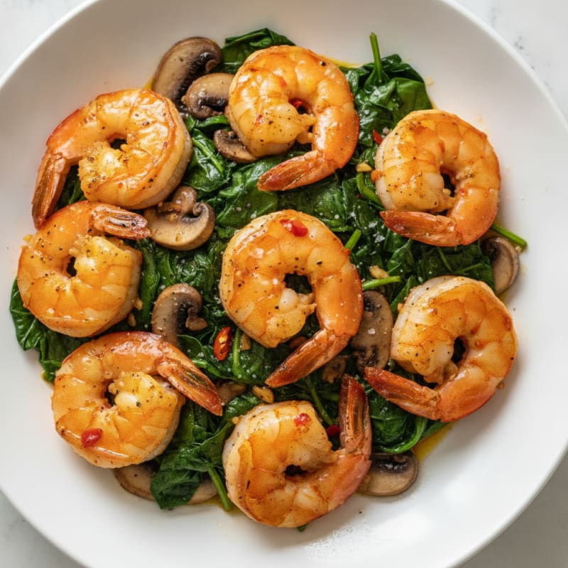 Garlic Prawns with Sautéed Spinach and Mushrooms