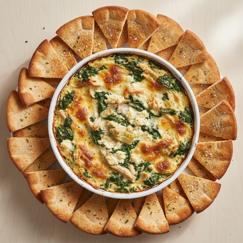 Baked Spinach Artichoke Dip with Toasted Pita
