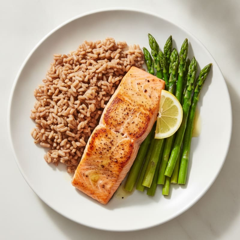 Seared Salmon Fillet with Steamed Asparagus and Brown Rice
