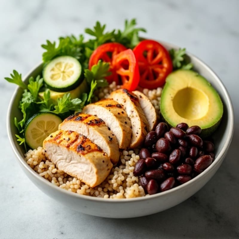 Grilled Chicken Rice Bowl with Roasted Vegetables and Fresh Greens