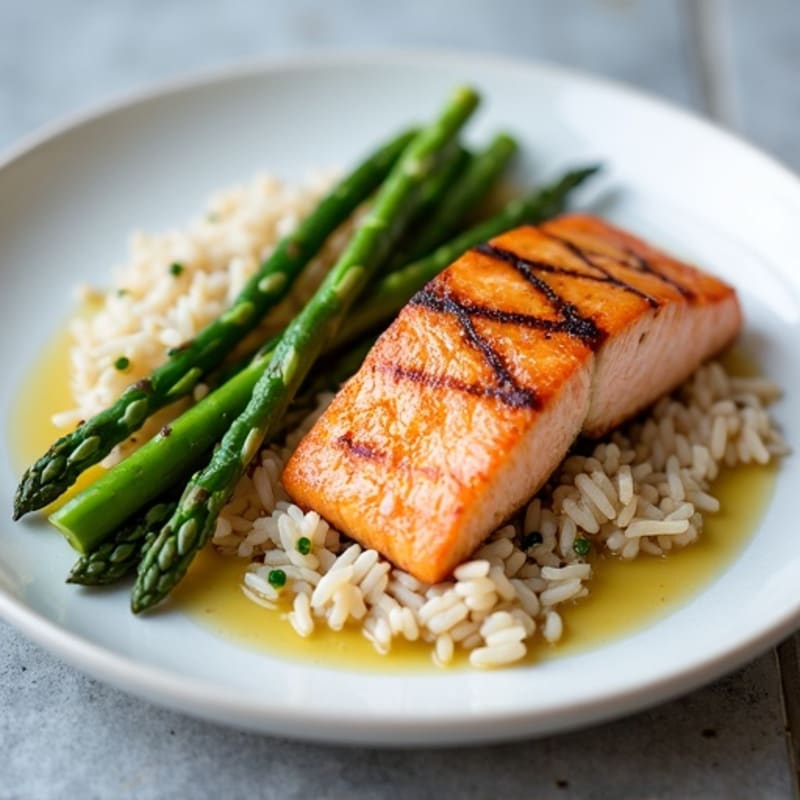 Seared Salmon with Steamed Asparagus and Wild Rice