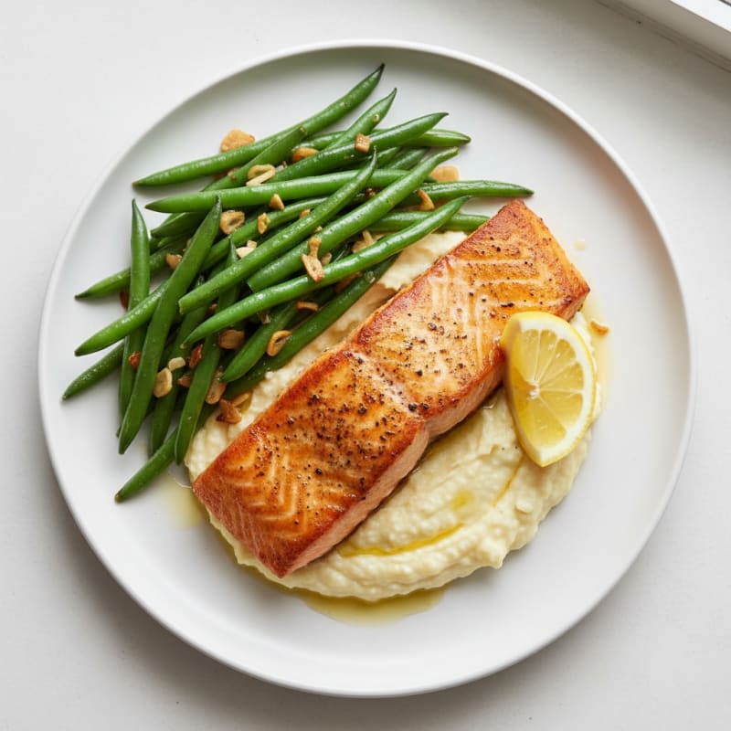 Seared Salmon with Garlic Green Beans and Cauliflower Mash
