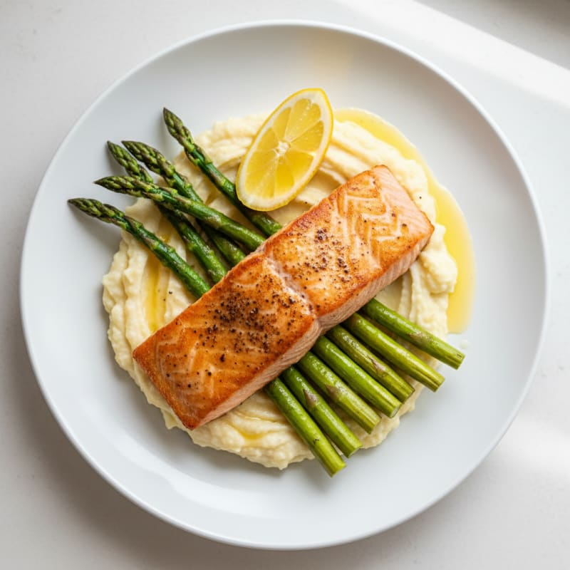 Seared Salmon Fillet with Roasted Asparagus and Cauliflower Mash