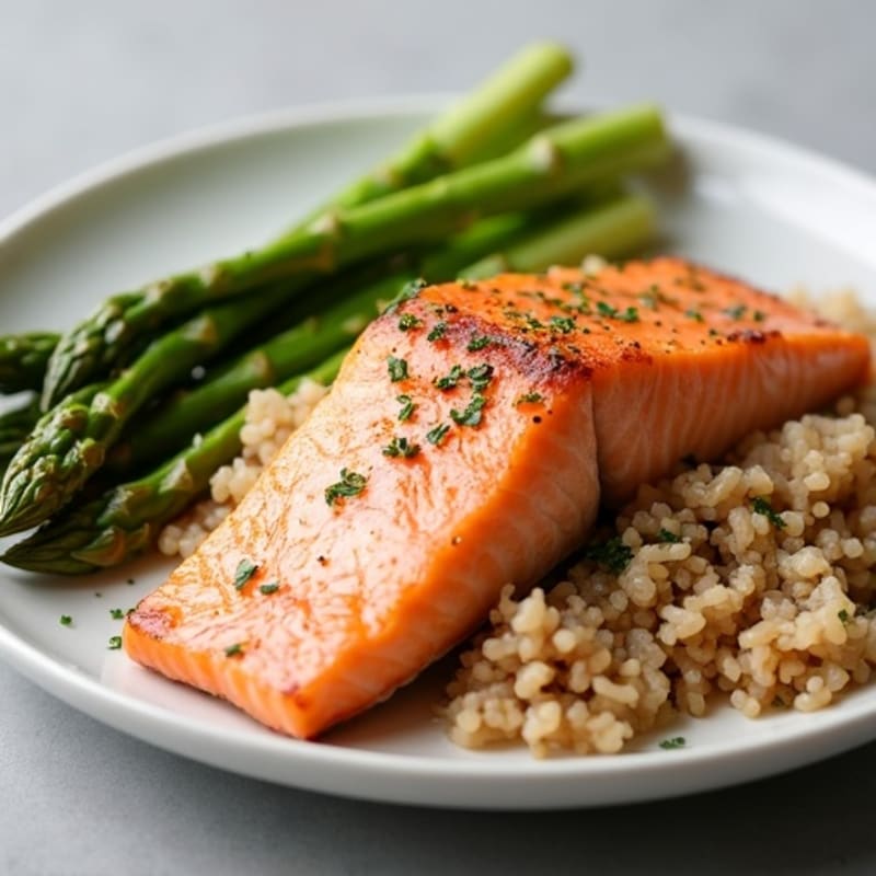 Seared Salmon with Steamed Asparagus and Brown Rice