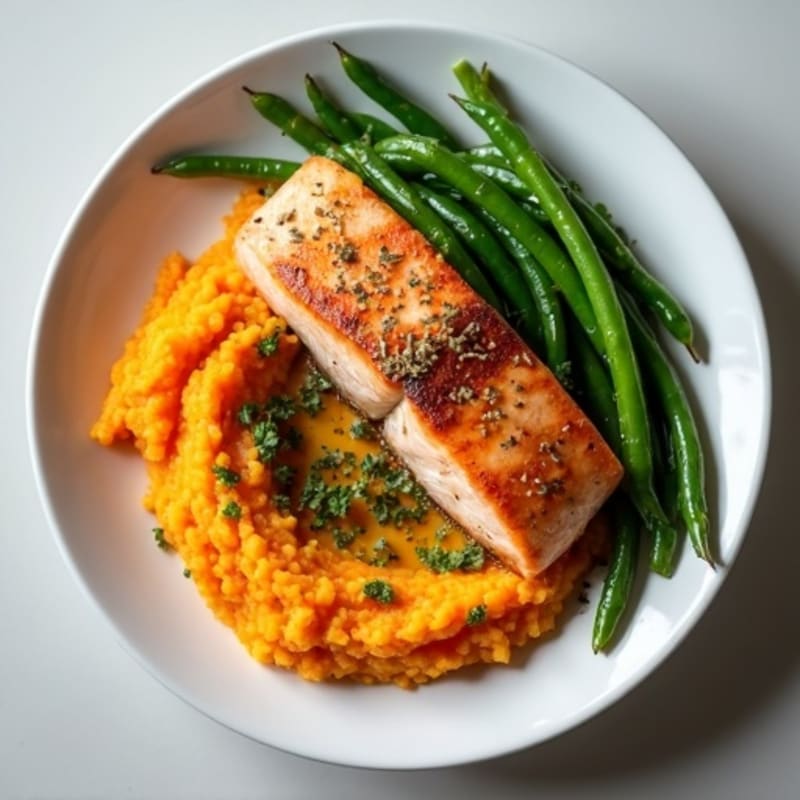 Seared Salmon with Garlic Green Beans and Sweet Potato Mash