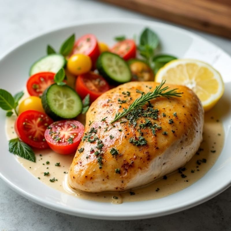 Herb-Spiced Roasted Chicken with Fresh Cucumber-Tomato Salad and Creamy Tahini Dressing