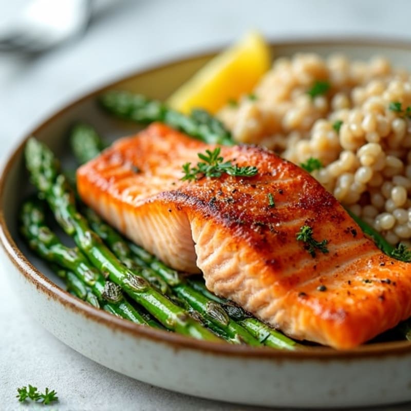 Seared Salmon Fillet with Steamed Asparagus and Brown Rice