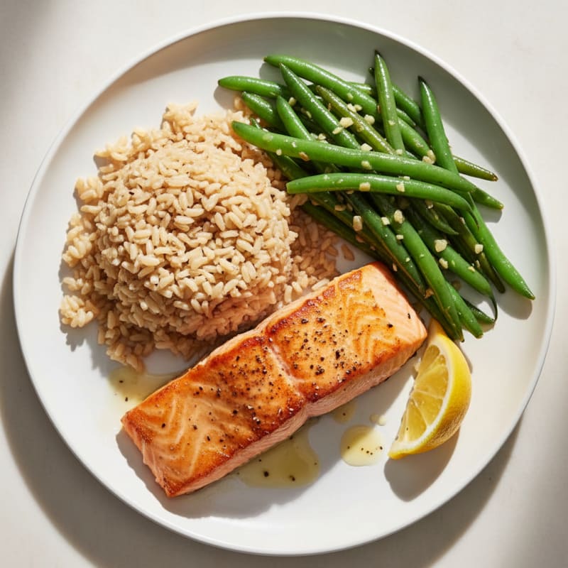 Seared Salmon Fillet with Garlic Green Beans and Brown Rice