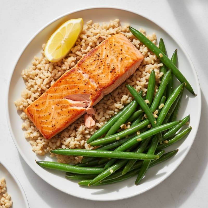 Seared Salmon with Garlic Green Beans and Brown Rice