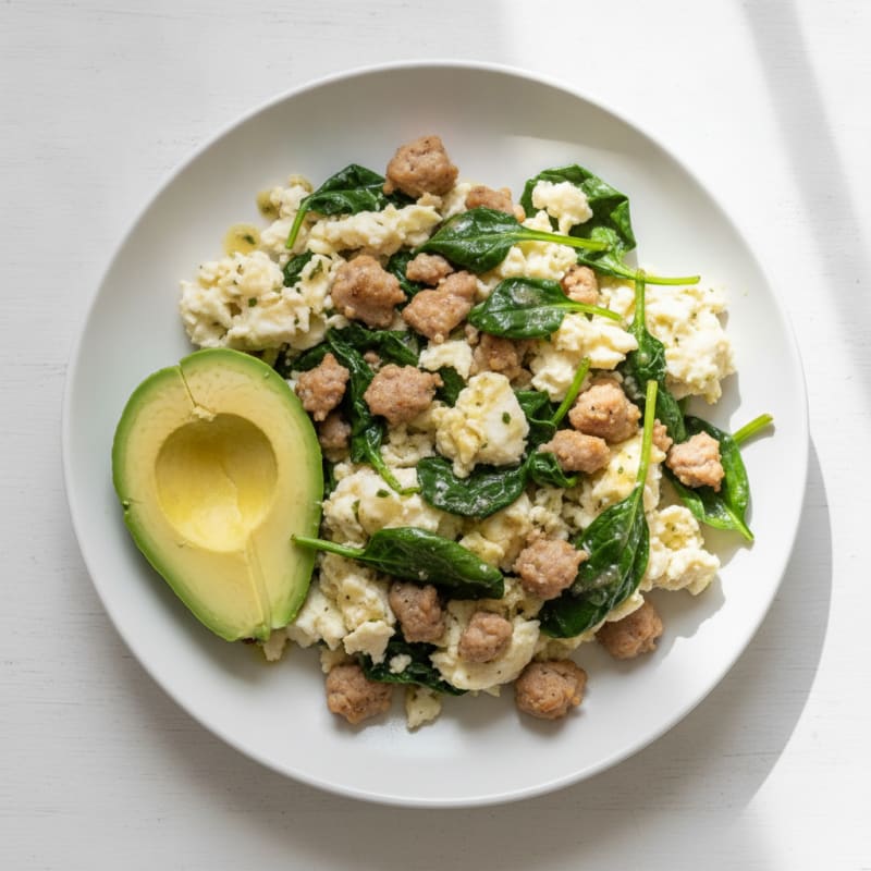 Egg White and Turkey Sausage Scramble with Sautéed Spinach