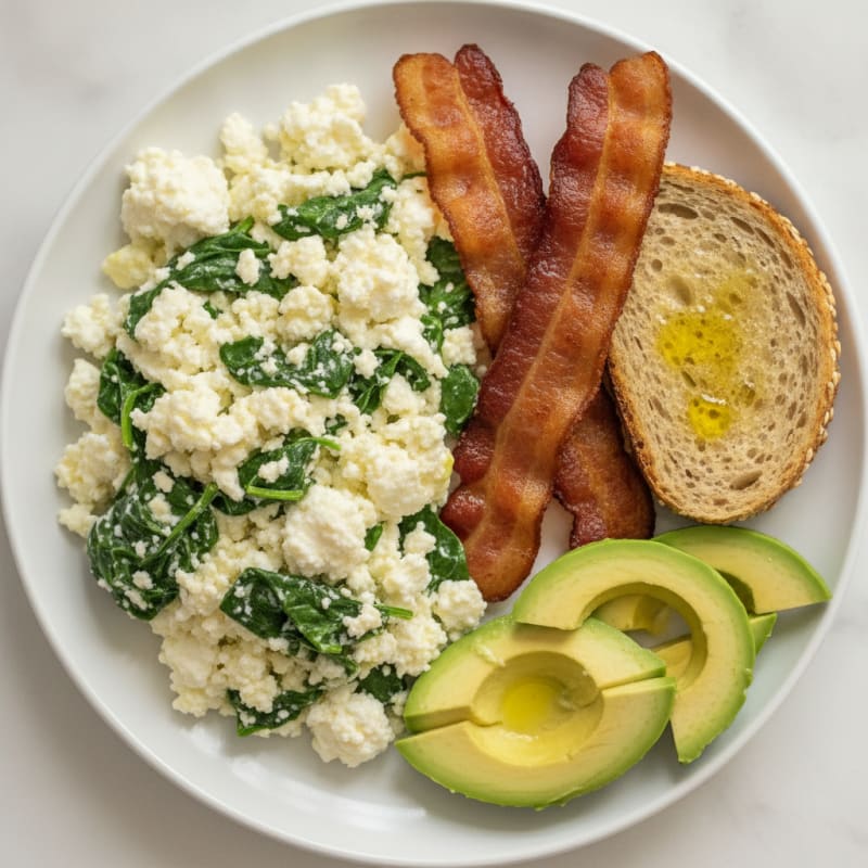 Cottage Cheese and Egg White Scramble with Spinach and Turkey Bacon