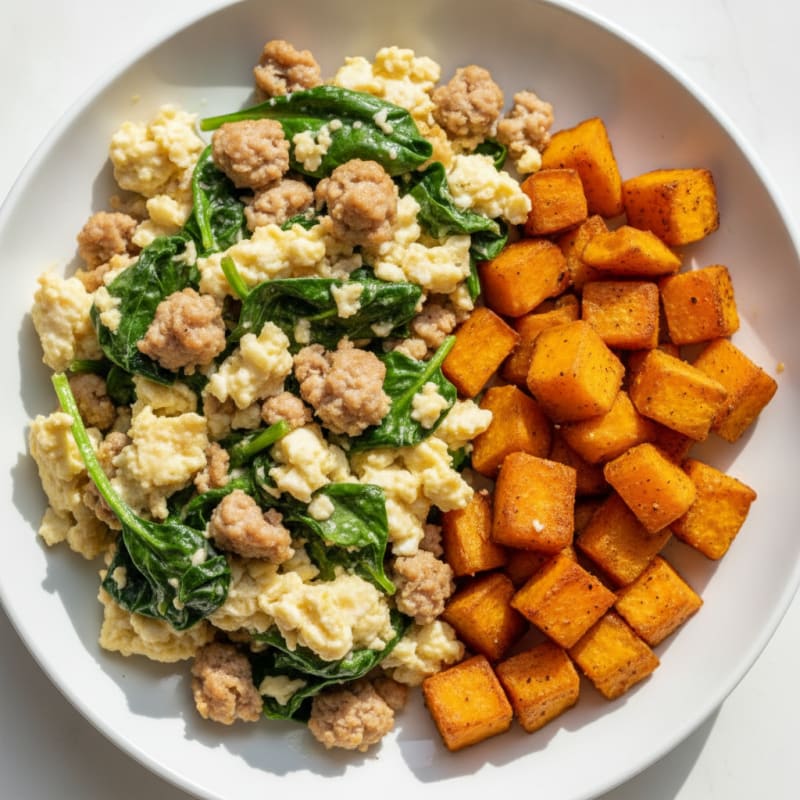 Egg White and Turkey Sausage Scramble with Spinach and Roasted Sweet Potato