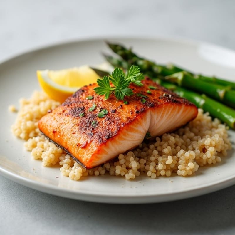 Crispy Pan-Seared Salmon with Roasted Asparagus and Quinoa