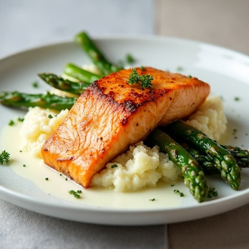 Seared Salmon with Roasted Asparagus and Cauliflower Mash