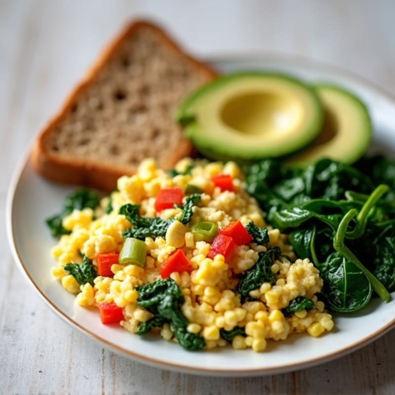 Egg White Vegetable Scramble with Cottage Cheese and Sautéed Spinach