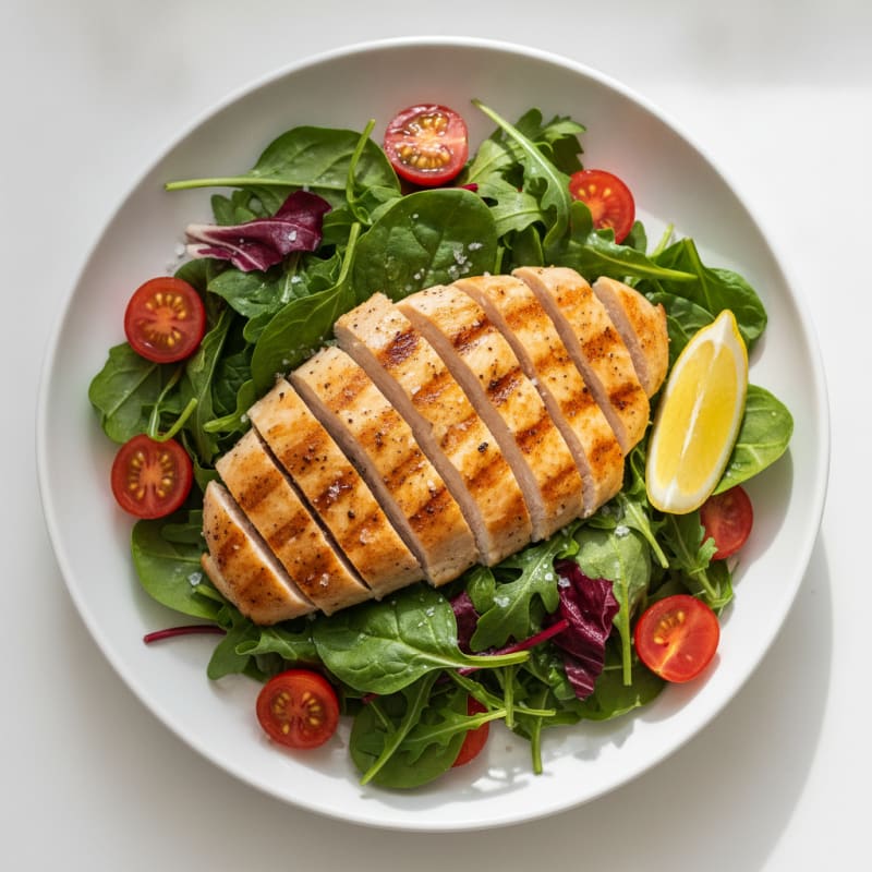 Grilled Chicken Breast Salad with Baby Greens and Cherry Tomatoes