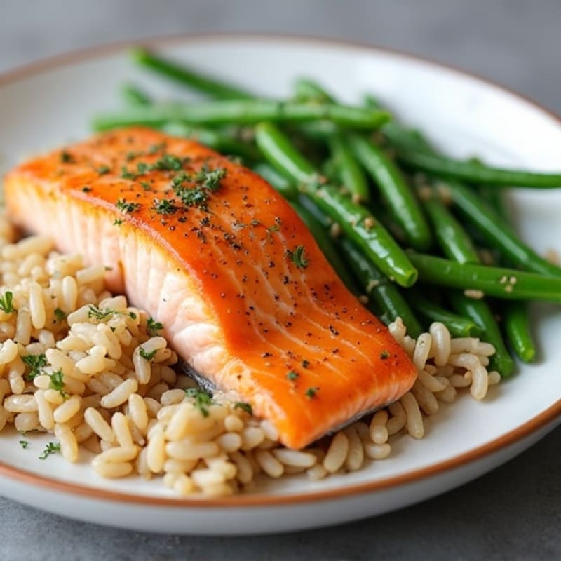Baked Salmon with Garlic Green Beans and Brown Rice