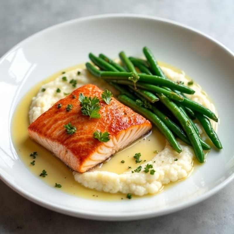 Seared Salmon with Garlic Green Beans and Cauliflower Mash