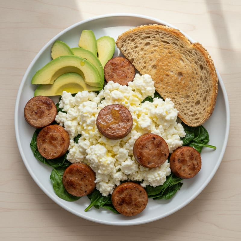 Cottage Cheese Scramble with Chicken Sausage and Sautéed Spinach