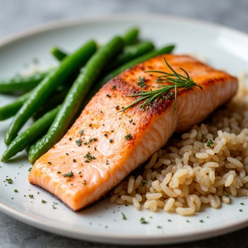 Seared Salmon with Garlic Green Beans and Brown Rice