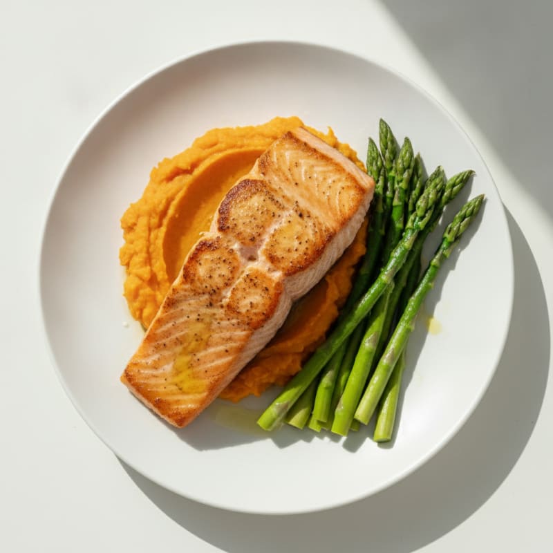Seared Salmon with Steamed Asparagus and Sweet Potato Mash