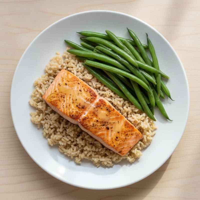 Seared Salmon with Steamed Green Beans and Brown Rice