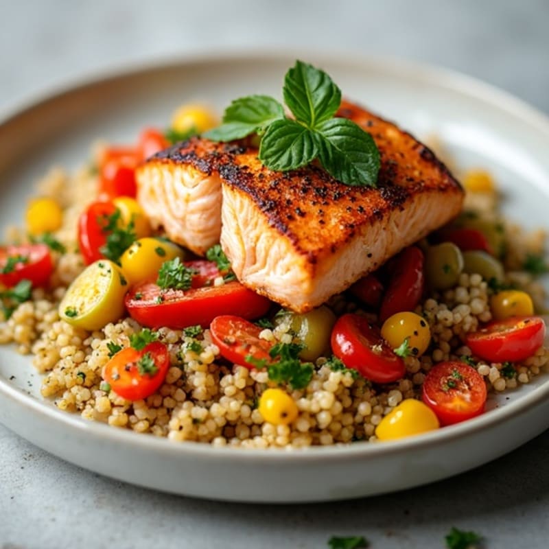 Seared Salmon with Roasted Vegetables and Herbed Quinoa