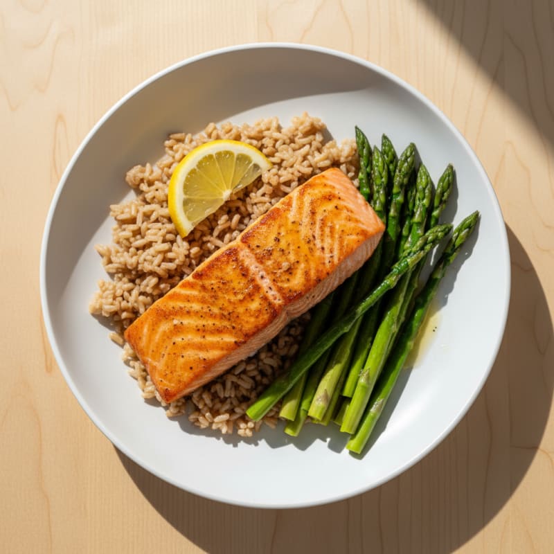 Seared Salmon Fillet with Steamed Asparagus and Brown Rice