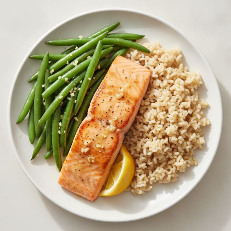 Seared Salmon with Garlic Green Beans and Brown Rice