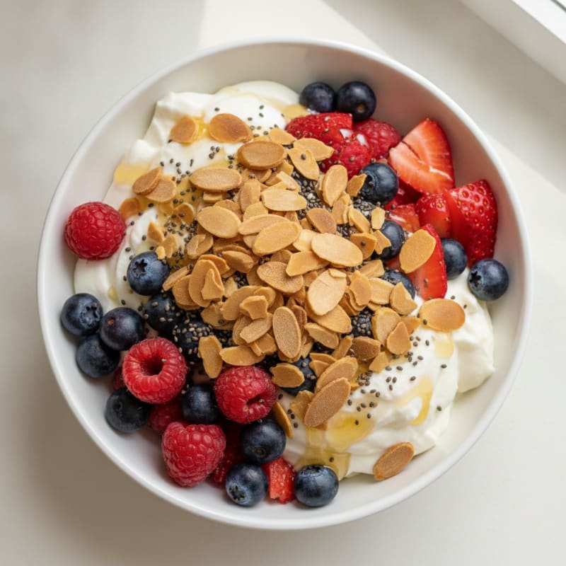 Greek Yogurt Protein Parfait with Mixed Berries and Almonds