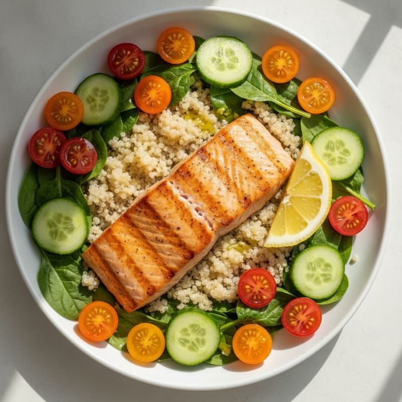 Grilled Salmon Quinoa Bowl with Greens and Tomatoes