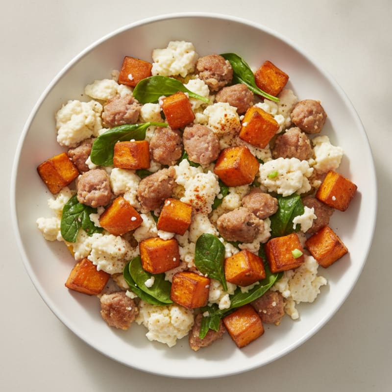 Egg White and Turkey Sausage Scramble with Roasted Sweet Potatoes