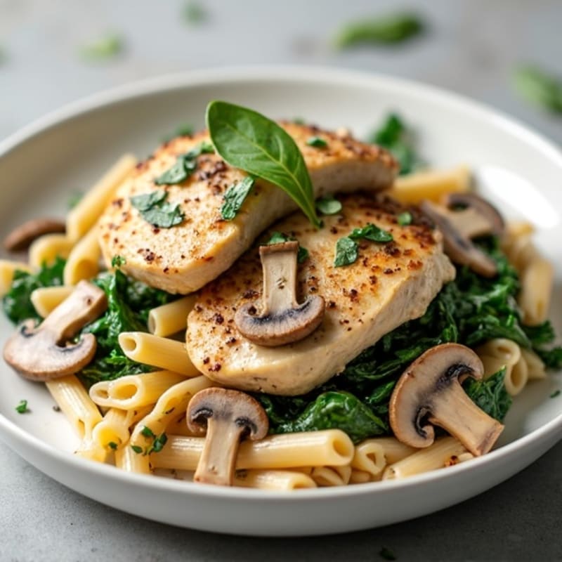 Creamy Truffle Mushroom Chicken with Whole Wheat Pasta and Spinach