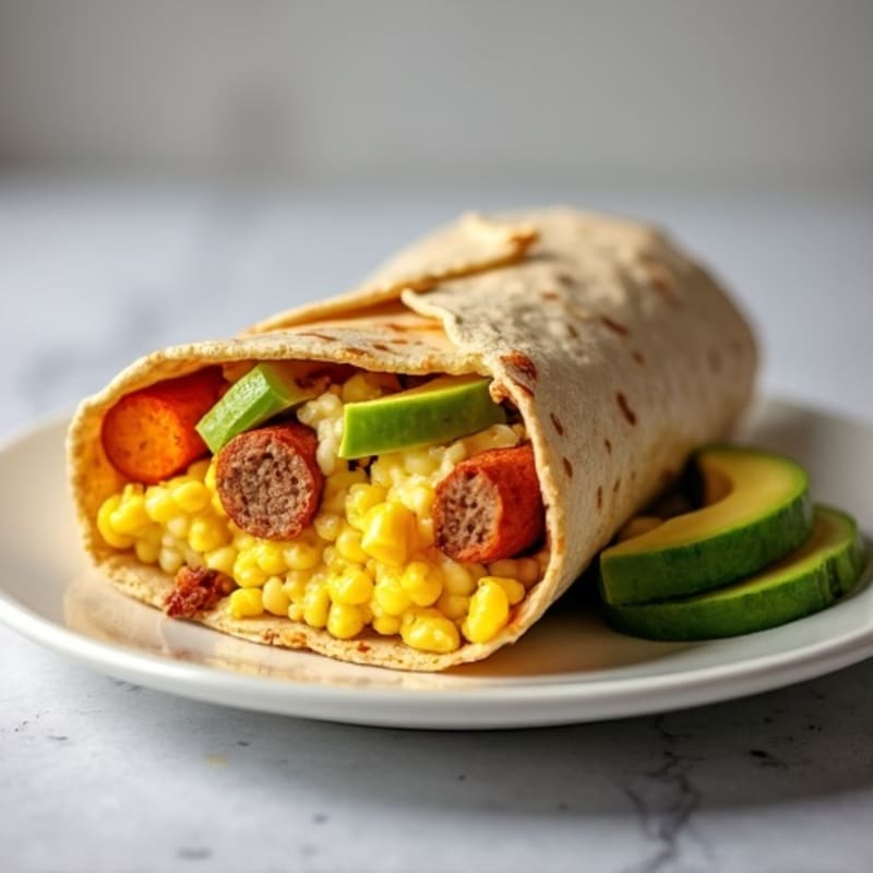 High-Protein Scrambled Egg Burrito with Turkey Sausage, Roasted Sweet Potato, and Creamy Avocado