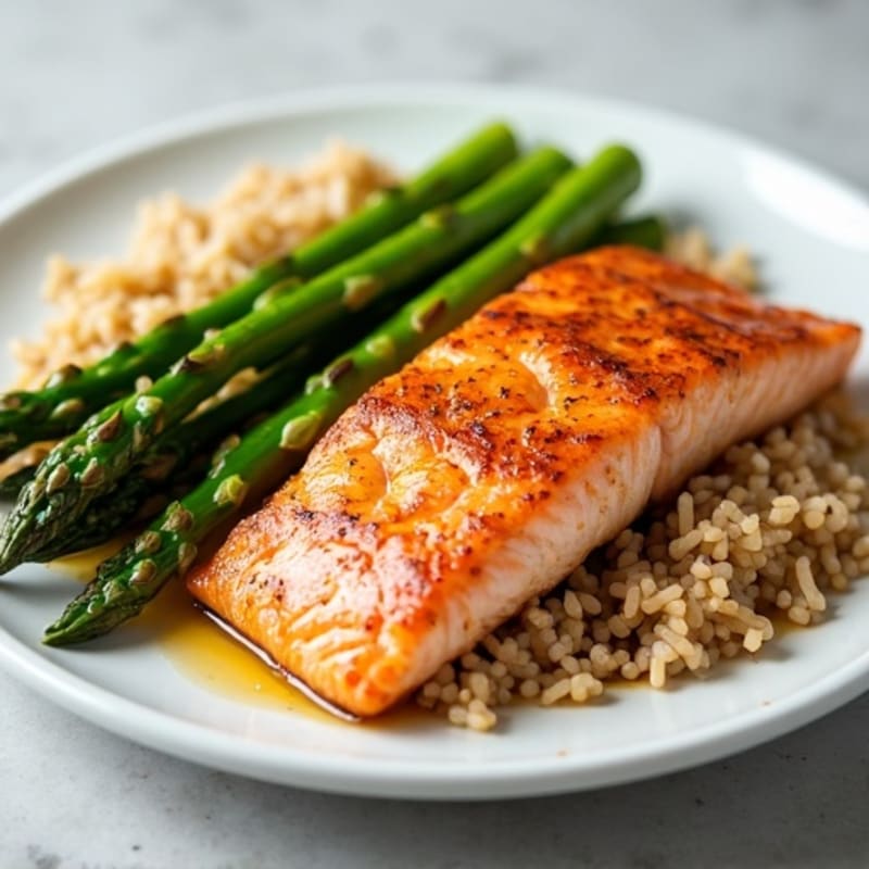 Seared Salmon with Steamed Asparagus and Brown Rice