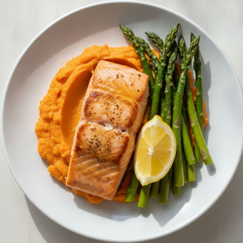 Seared Salmon Fillet with Roasted Asparagus and Sweet Potato Mash
