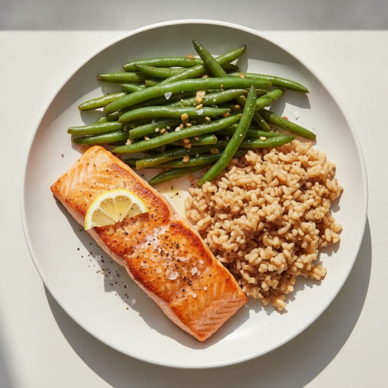 Seared Salmon with Garlic Green Beans and Brown Rice